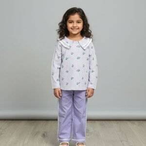 kids' purple and white striped floral pajama set