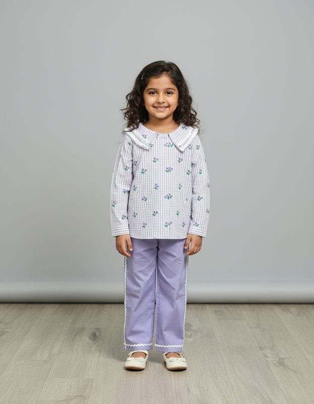 kids' purple and white striped floral pajama set