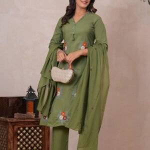 green embroidered kurta (tunic) with matching trousers and dupatta (scarf)