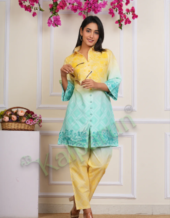 Yellow to Mint Green, Floral Embroidered Button-Down Cotton Suit