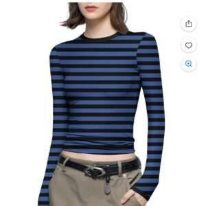 women's blue and black striped, long-sleeve crop top.