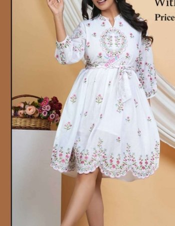 white A-line dress featuring pink and green floral embroidery and schiffli (cutwork)