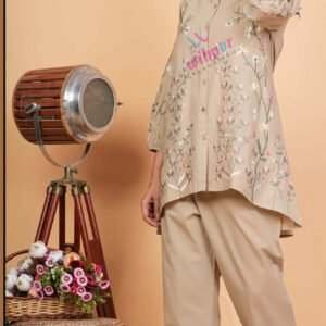 beige floral embroidered kurta and pant set