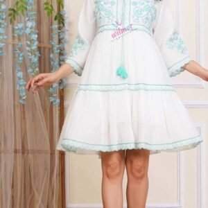 white cotton short dress with mint green floral embroidery