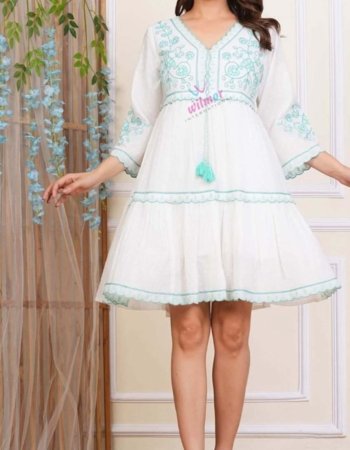 white cotton short dress with mint green floral embroidery