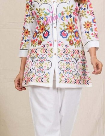 kurta pant set features vibrant, multi-colored floral embroidery in a button-down