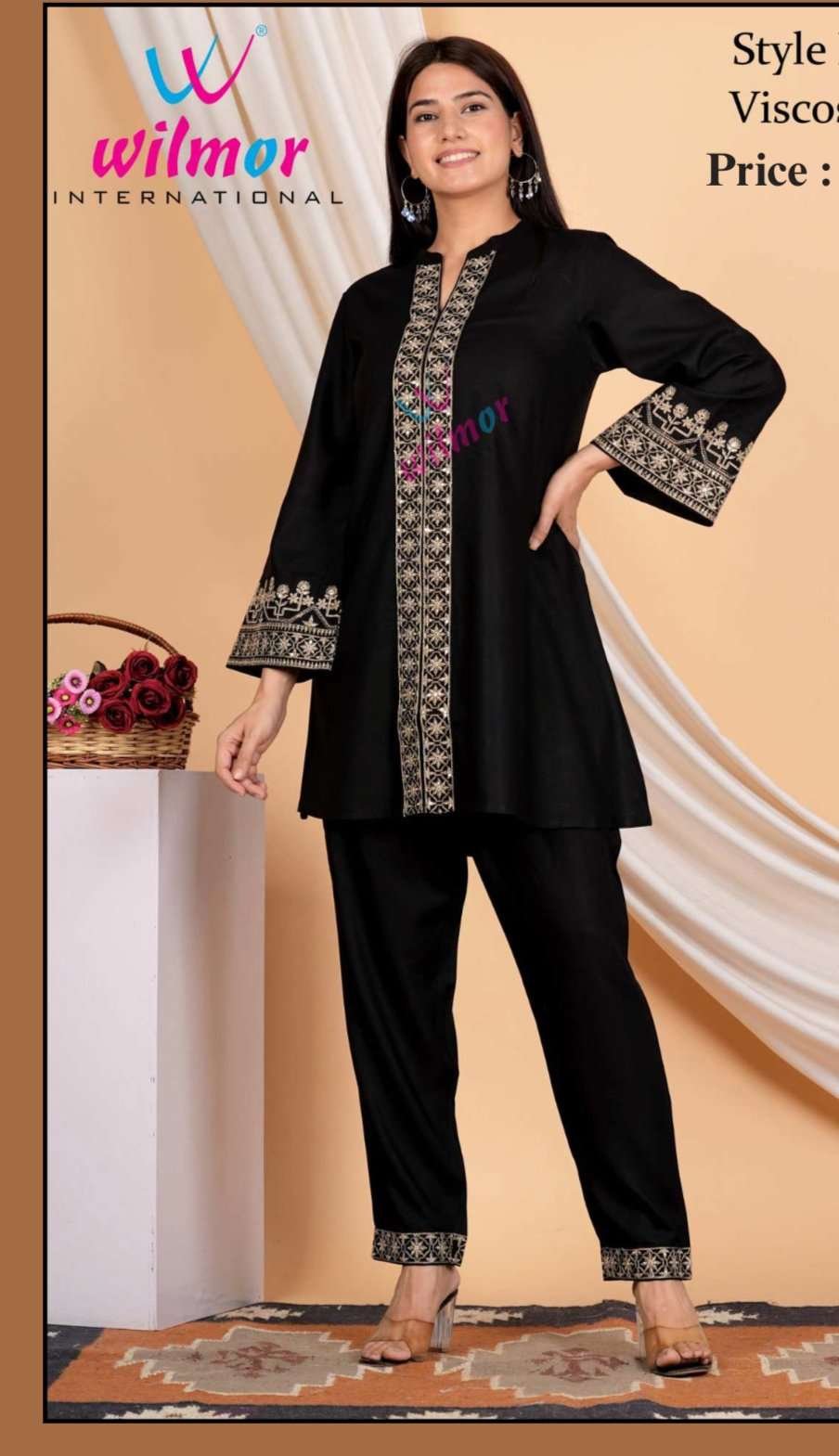 black viscose embroidered kurta and pant set