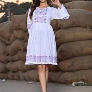 white A-line dress with purple floral embroidery