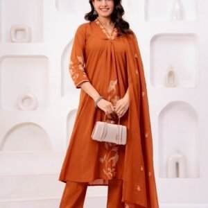 Rust orange embroidered kurta set