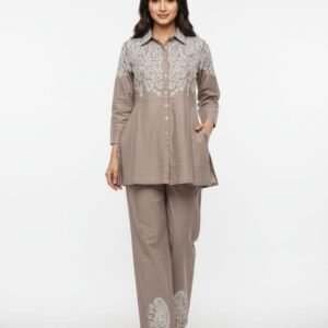 beige embroidered tunic and pant co-ord set