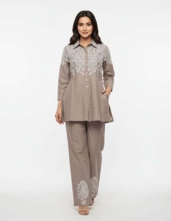 beige embroidered tunic and pant co-ord set