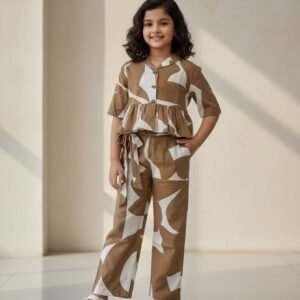 zara brown and white abstract printed peplum shirt with matching ankle-length pant