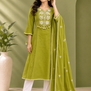 Women's Olive Green Embroidered Kurta Set