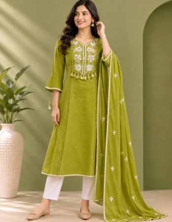 Women’s Olive Green Embroidered Kurta Set