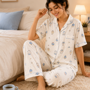 Women's Korean Style Blue Bear Print Night Suit