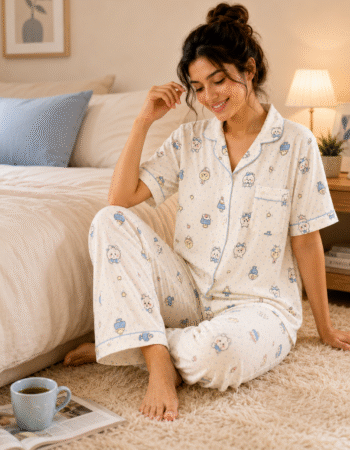 Women’s Korean Style Blue Bear Print Night Suit