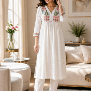 White Floral Embroidered Long Kurti for Women