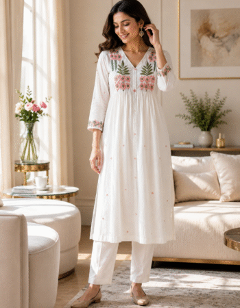 White Floral Embroidered Long Kurti for Women