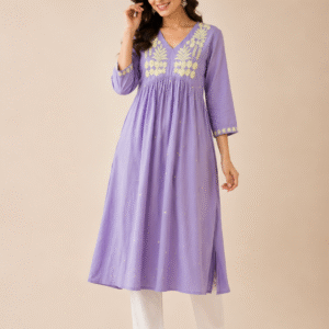 Women's Premium Cotton Lavender Embroidered Kurti