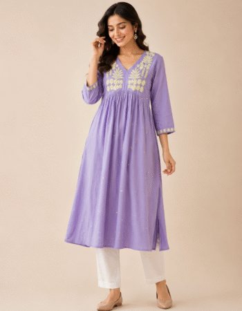 Women’s Premium Cotton Lavender Embroidered Kurti