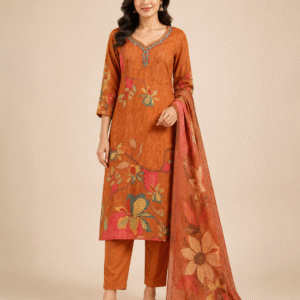 Women's Rust Orange Floral Printed Cotton Kurta Set with Dupatta