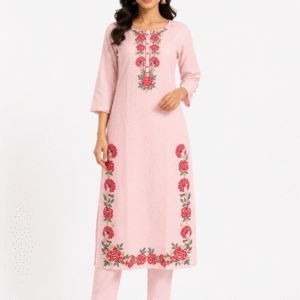 Women's Baby Pink Floral Embroidered Cotton Kurta Set