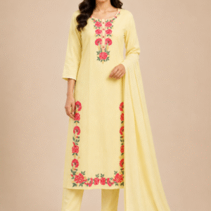 Women's Lemon Yellow Floral Embroidered Cotton Kurta Set