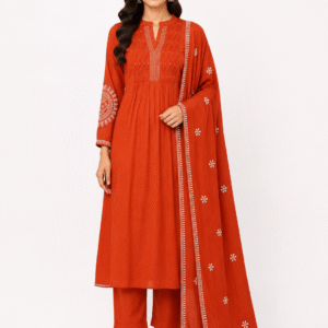 Women's Rust Orange Embroidered Cotton Kurta Set