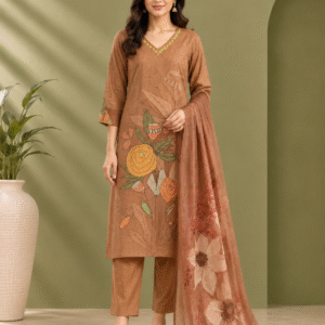 Women's Brown Floral Printed Cotton Kurta Set