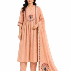 Women's Peach Peacock Printed Cotton Kurta Set