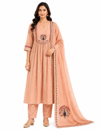 Women’s Peach Peacock Printed Cotton Kurta Set
