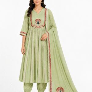 Women's Light Green Embroidered Cotton Kurta Set with Dupatta |