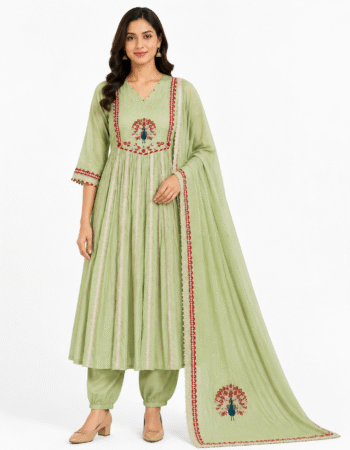 Women’s Light Green Embroidered Cotton Kurta Set with Dupatta |