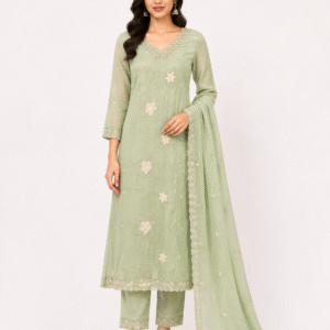 Women's Mint Green Floral Embroidered Cotton Kurta Set