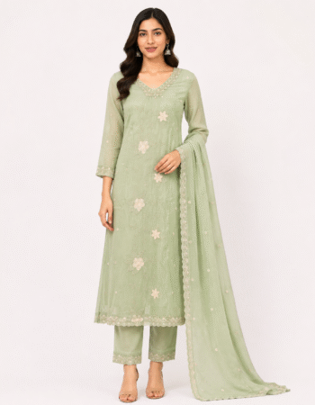Women’s Mint Green Floral Embroidered Cotton Kurta Set
