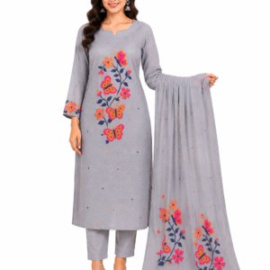 Women's Grey Jamdhani Cotton Kurta Set