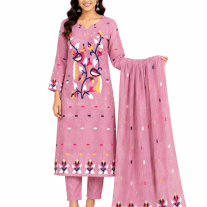 Pink Bird Motif Jamdani Cotton Kurta Set