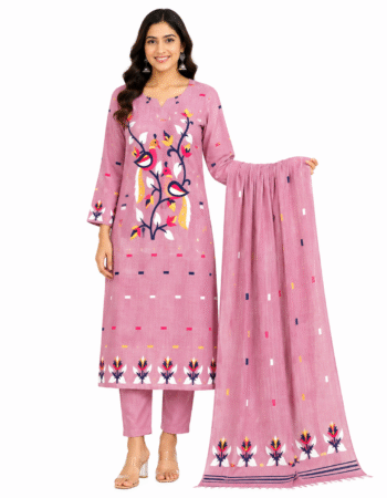 Pink Bird Motif Jamdani Cotton Kurta Set