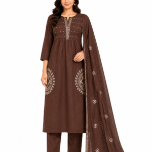 Women's Brown Cotton Embroidered Kurta Pant & Dupatta Set