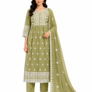 Women's Olive Green Embroidered Cotton Kurta Set