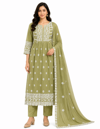 Women’s Olive Green Embroidered Cotton Kurta Set