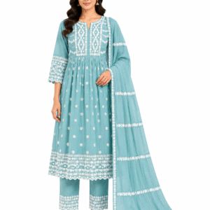 Women's Sky Blue Embroidered Cotton Kurta Set