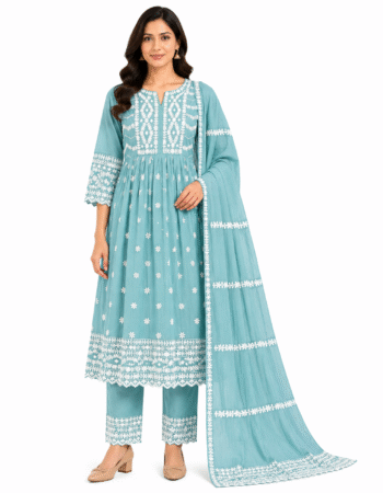 Women’s Sky Blue Embroidered Cotton Kurta Set