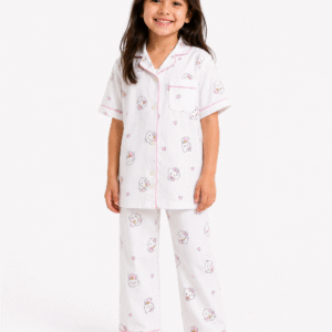 Unisex Kids White Kitty Printed Cotton Night Suit made from soft cotton with a button-down shirt and matching full-length pajama pants.
