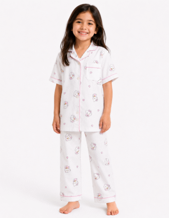 Unisex Kids White Kitty Printed Cotton Night Suit