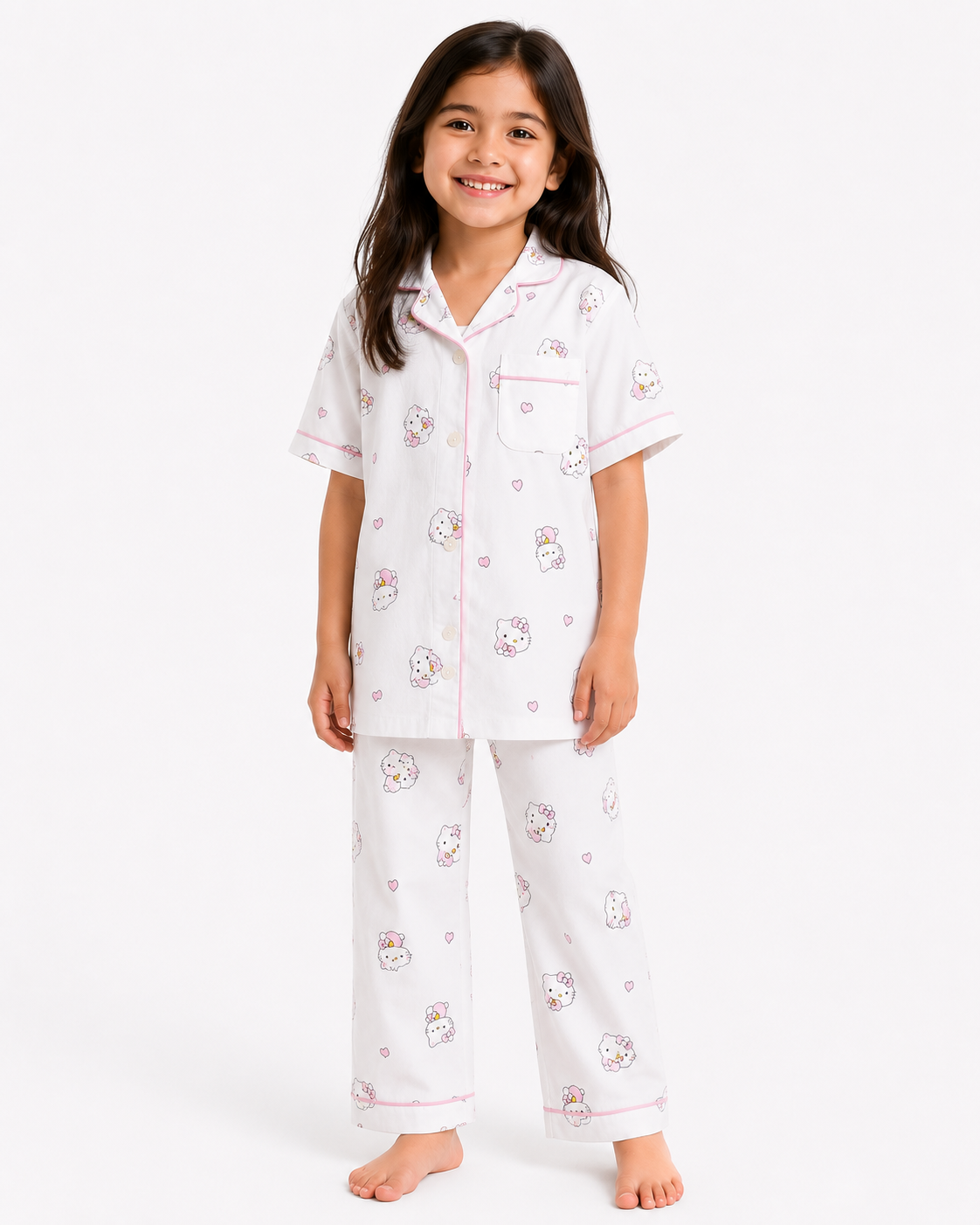Unisex Kids White Kitty Printed Cotton Night Suit made from soft cotton with a button-down shirt and matching full-length pajama pants.