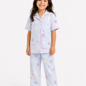Unisex Kids Blue Bunny Printed Cotton Night Suit with short sleeve button-down shirt and matching full-length cotton pajama pants.