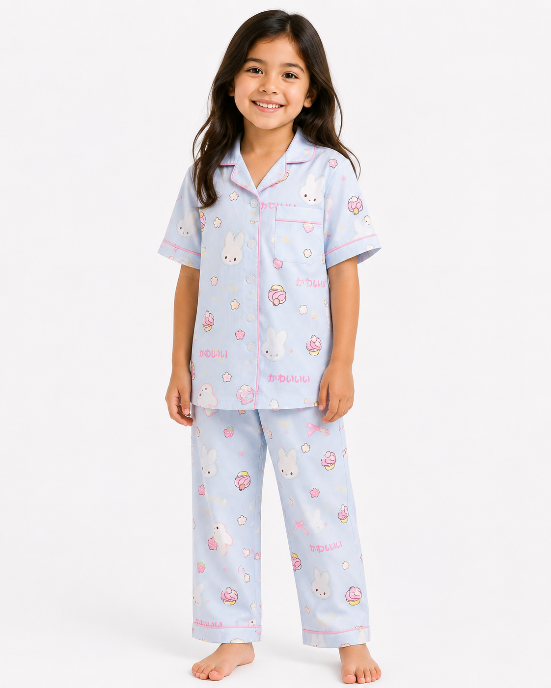Unisex Kids Blue Bunny Printed Cotton Night Suit with short sleeve button-down shirt and matching full-length cotton pajama pants.