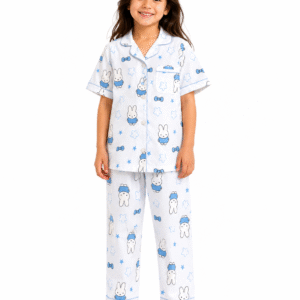 Child wearing a unisex blue bunny printed cotton night suit with a short-sleeve button-down shirt and matching full-length pajama pants.