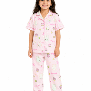 Unisex Kids Pink Bunny Printed Cotton Night Suit
